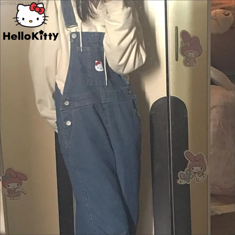 Sanrio Hello Kitty Printed Jeans Baggy Pants Woman Loose High Waist Casual Denim Overall Y2k Kawaii Trousers Suspenders Pants