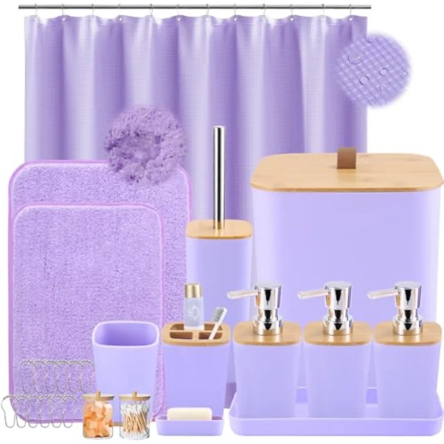 

Bathroom Sets with Shower Curtain and Rugs, 27PCS Purple Bathroom Accessories Set with Trash Can, Purple Shower Curtain Set, No