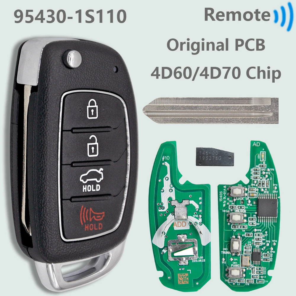 DR 95430-1S110 Original PCB Original 4D60 Chip 433MHz Flip Car Remote Key With HYN14R Blade For Hyundai HB20 2016 2017 2018 2019