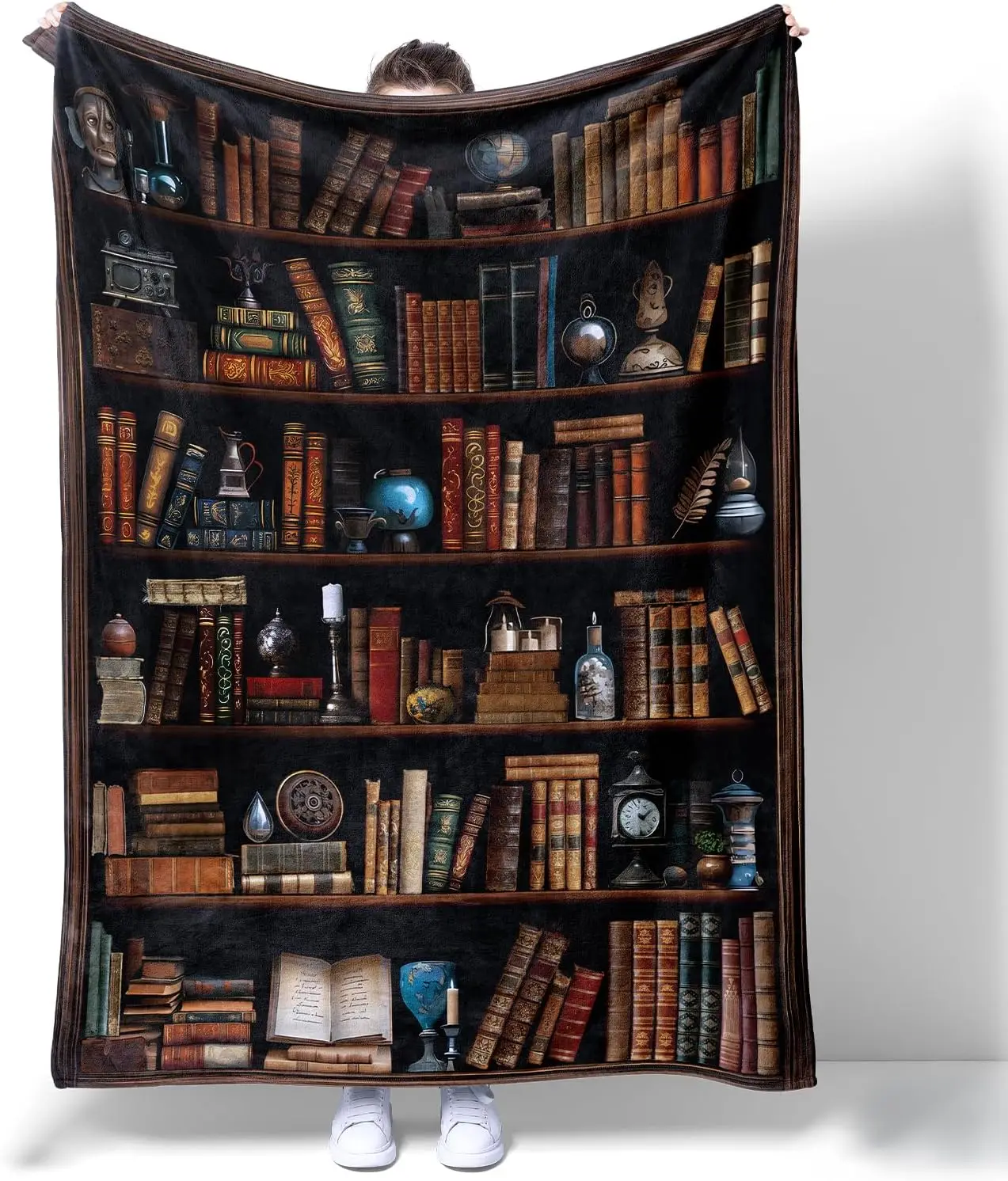 Dark Vintage Bookshelf Old Hardcover Book Antique Clock Globe Print Warm Blanket For Bedroom Sofa Camping Daily Home Indoor