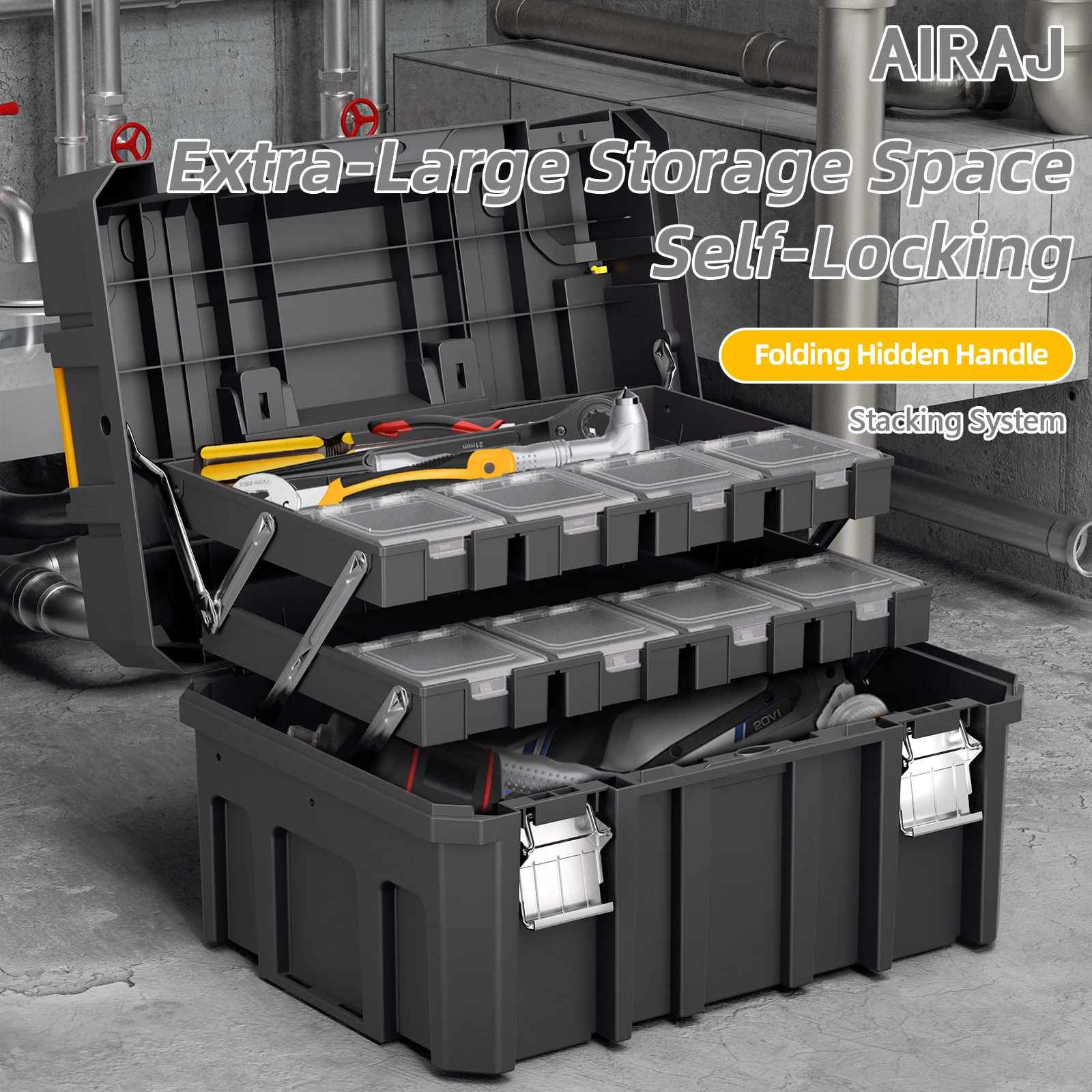 AIRAJ Large 3-layer Folding Tool Box Stackable Multifunctional Matching Stacking Combination Tool Organizer Stackable Parts Box