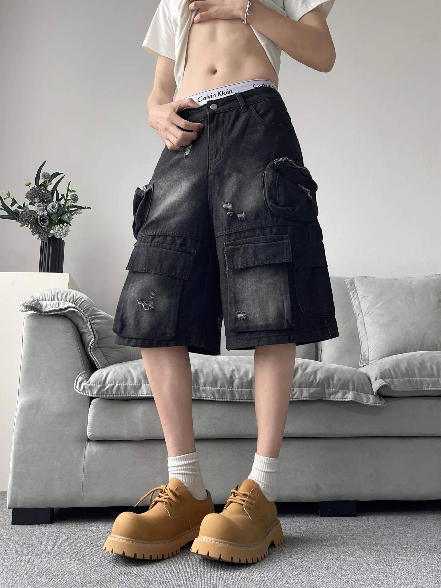 

Retro Black Workwear Denim Shorts Men's American Hip Hop Heavy Duty Washed Multi Pocket Large Size Five Parts mid Pants