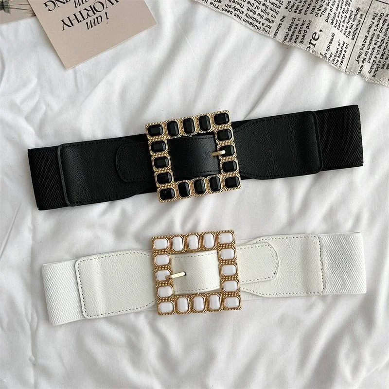 Ikat pinggang gaya Eropa dan Amerika untuk wanita, versi lebar, modis, serbaguna, dekorasi penutup pinggang, ikat pinggang elastis warna hitam