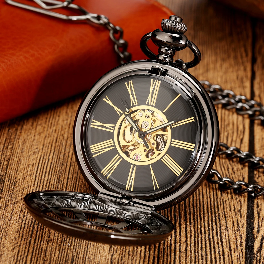 

Gold Roman Numerals Dial Automatic Men's Mechanical Pocket Watch Vintage Black Exquisite Design Self Winding Pocket Clock Male