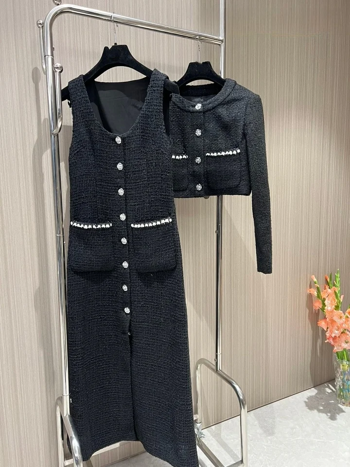 2024 Spring Chic Women\'s High Quality Elegant Tweed Jackets + Sleeveless Pockets Dress C768