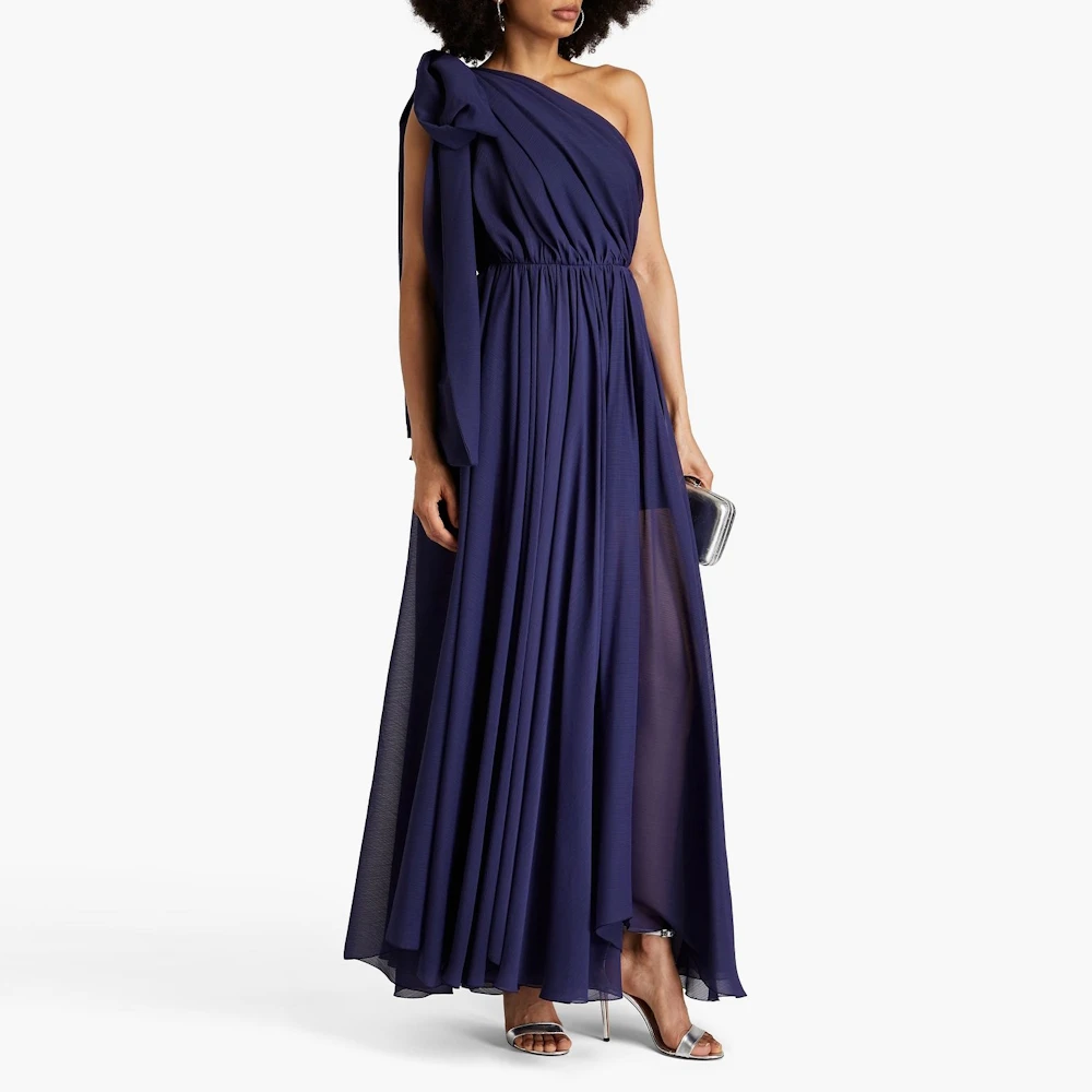 Muloong Navy One Shoulder Maxi Dress Pleated Ankle Length Classic Evening Dress 2023 Bow Shoulder Saudi Aribia Party Dress