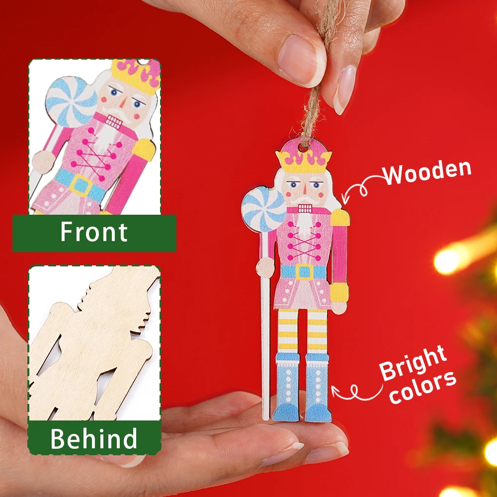 8cm 9Pcs/1Set Cute Pink Wooden Christmas Nutcracker Soldier Pendants 2025 Christmas Tree Ornaments Xmas Decor New Year