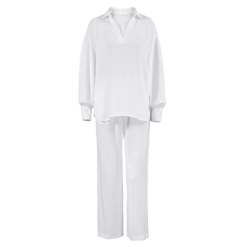 Cotton Set Woman 2 Pieces Lantern Sleeve V Neck Sleepwear Female Loose Trouser Suits Casual Pajamas 2022 Solid Nightwear