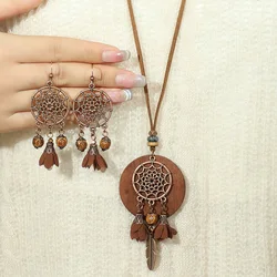 3pcs Brown Earrings+Necklace Jewelry Set Tassel Hollow out Ornaments Pendent Necklace Sweater Chain Daily Wear Gifts
