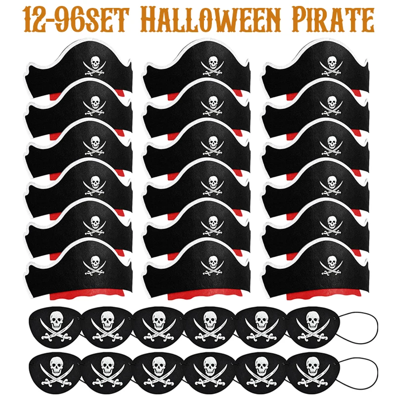 24-96Pcs Halloween Captain Pirate Hat Skull Print Pirate Party Favors for Kids Birthday Halloween Cosplay Child Kids Costume