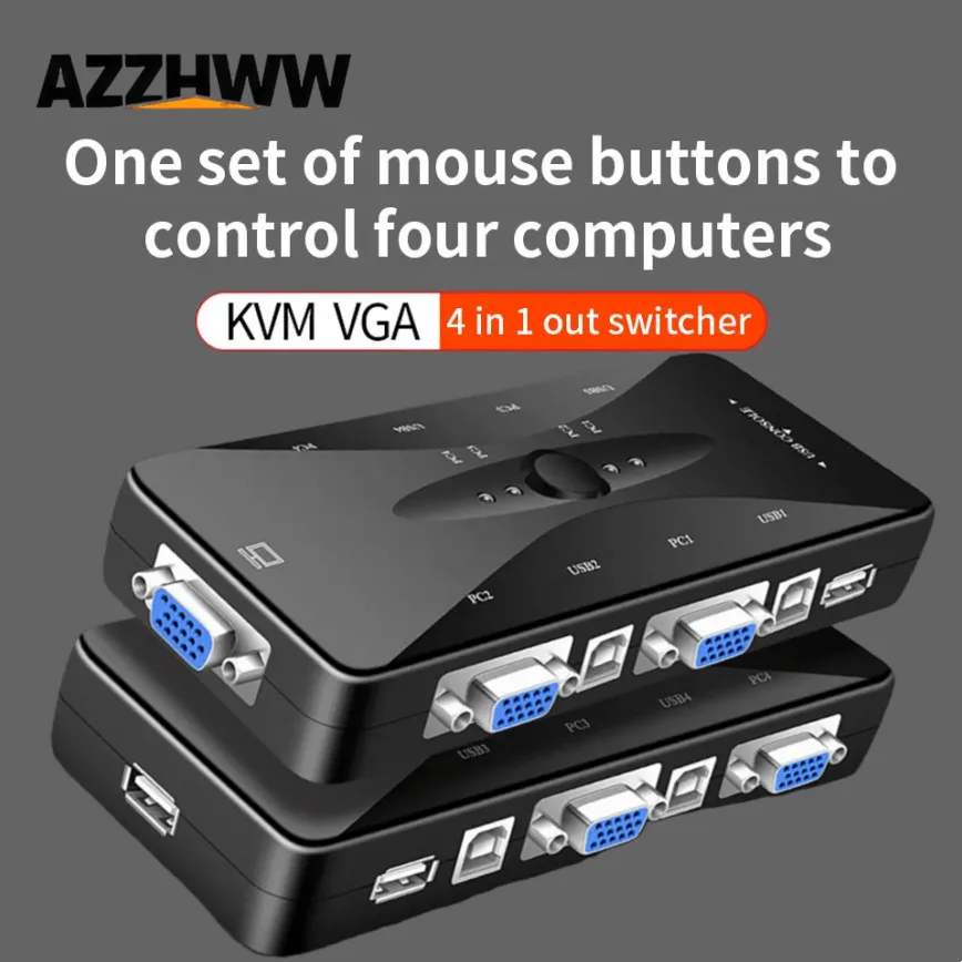 

Переключатель VGA 1080P USB 2.0 KVM с кабелем KVM, 4-портовый KVM-переключатель для мыши, клавиатуры, принтера, флешки, адаптер для совместного использования