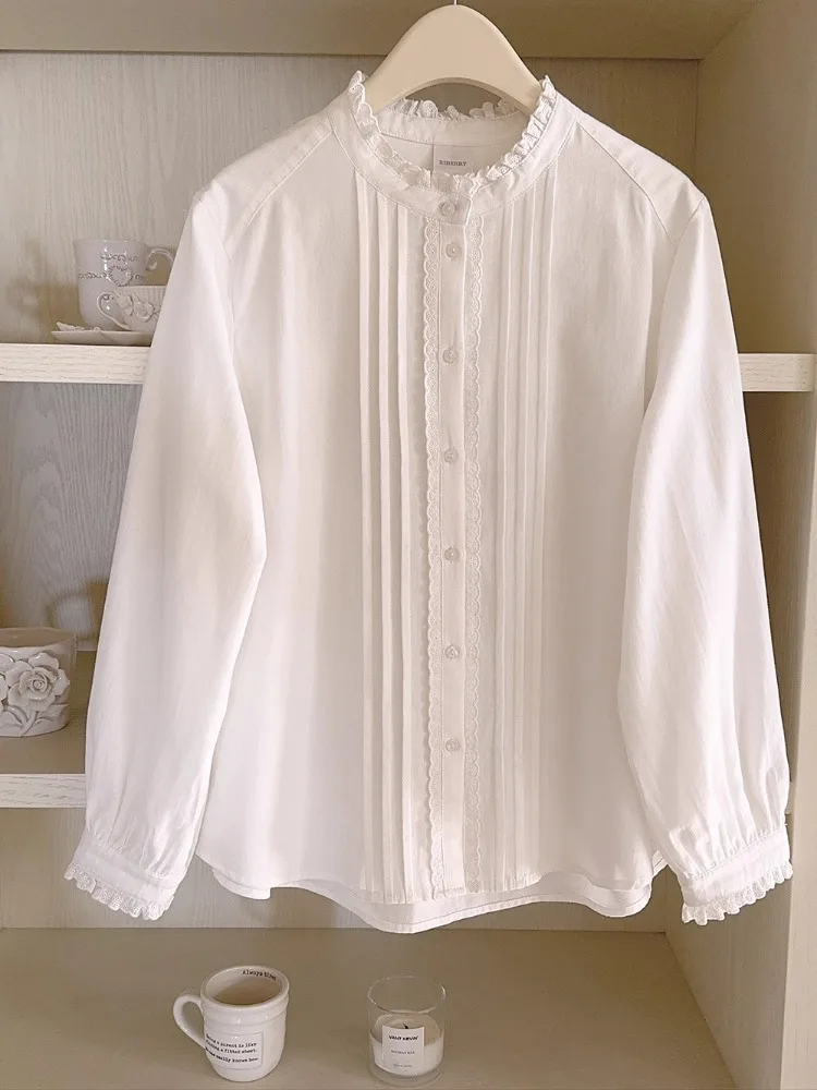 Cotton Shirts Women Lace Trim Long Sleeve Loose Tops for Sweet Girls Kawaii Clothes