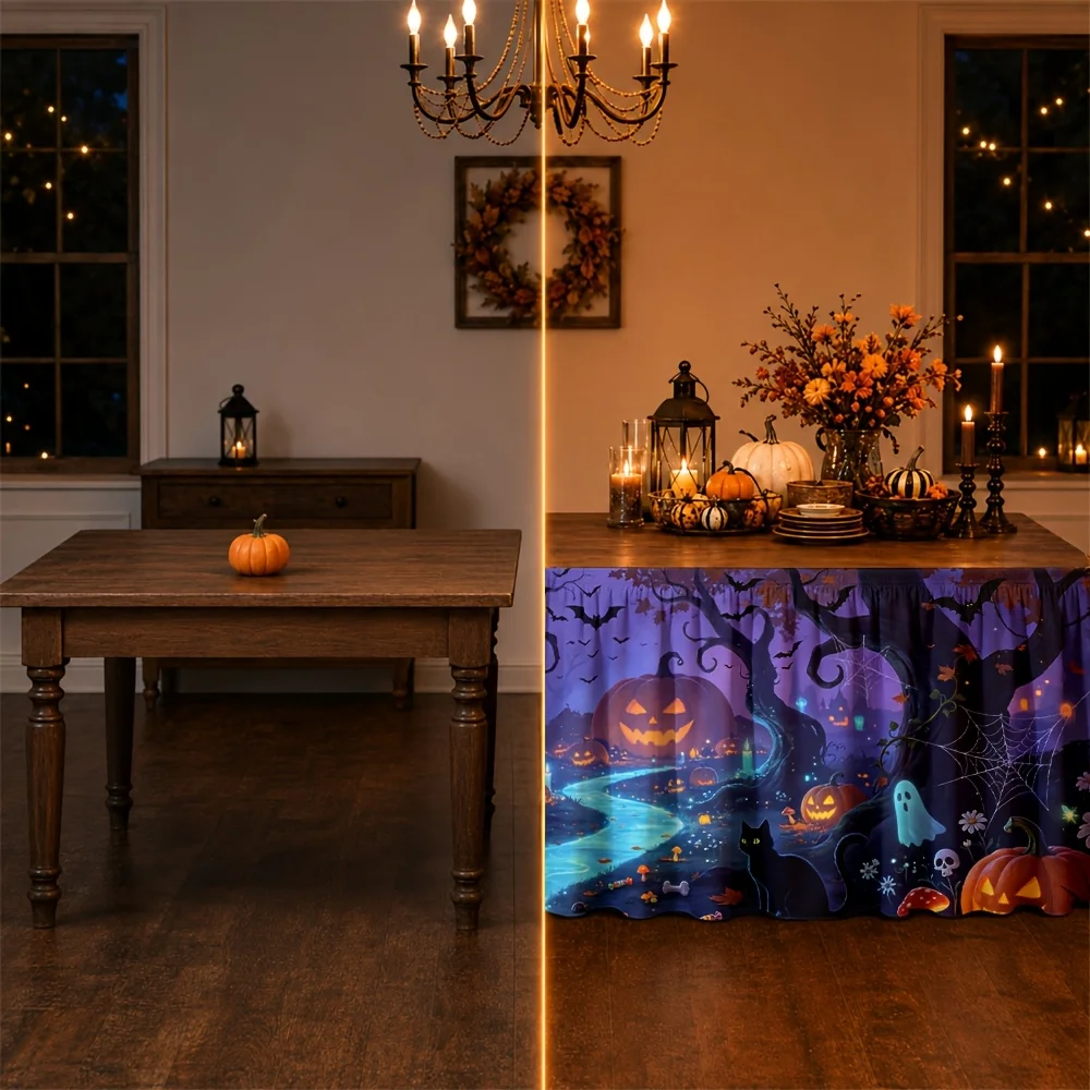 One tablecloth. Halloween pumpkin forest, glowing ghost, bat, spider web, polyester, imaginative, magical.zyc