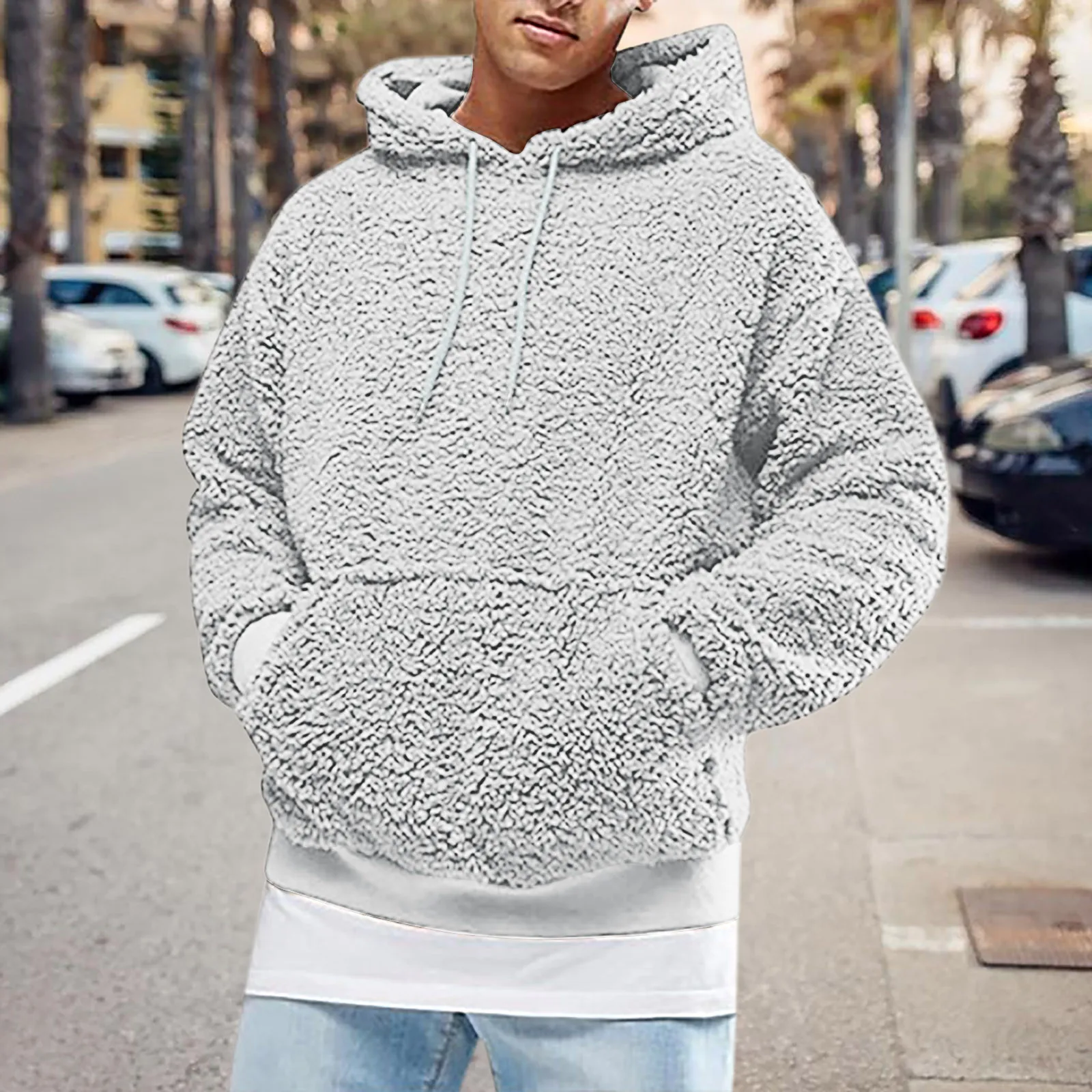 Hoodie de manga fuzzy masculino com bolsos frontais, pulôver longo, moletons, outwear esportivo, outono, inverno