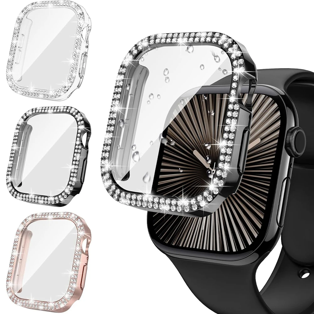 Cover For Apple watch Case 10 46mm 42mm 45mm 44mm 40 41mm Diamond Bumper Tempered Glass Screen Protector Series 9 7 SE 6 8 5 4 3