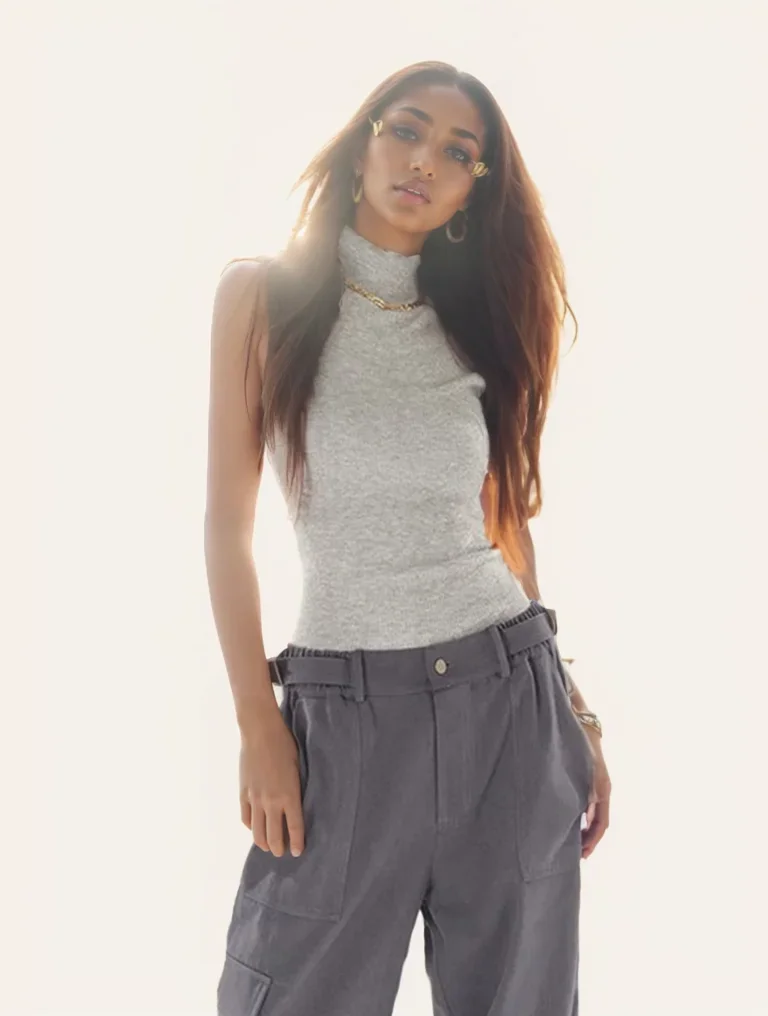 Turtleneck Knitted Tank Top for Women's Summer Sleeveless Elastic Sexy Slim Basic Tops Streetwear