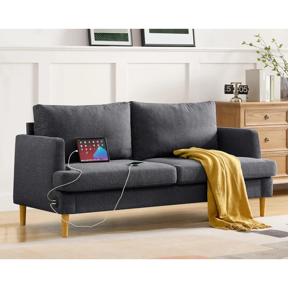 70” Lounge Sofa with Comfy Pillows and USB Cushioned Loveseat, Linen Fabric Loveseat, Dark Grey