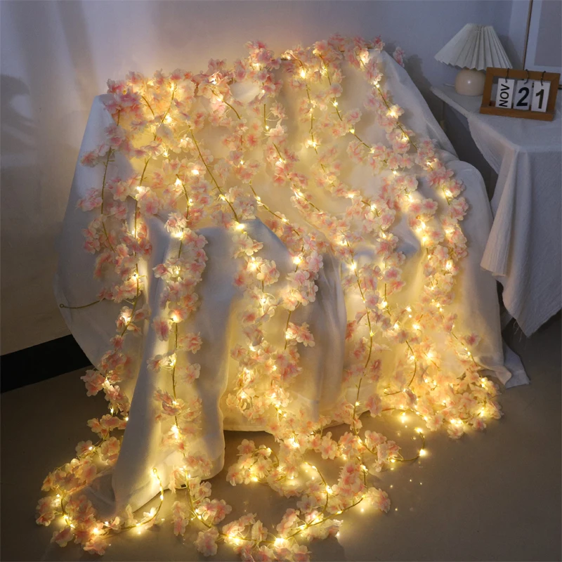 Künstliche Sakura-Blumen, Ranke, Hochzeitsdekoration, Gartenbogen, Zuhause, Zimmer, Vorhänge, Party-Dekoration, Seide, Kirschblüten-Ranke mit LED-Schnur
