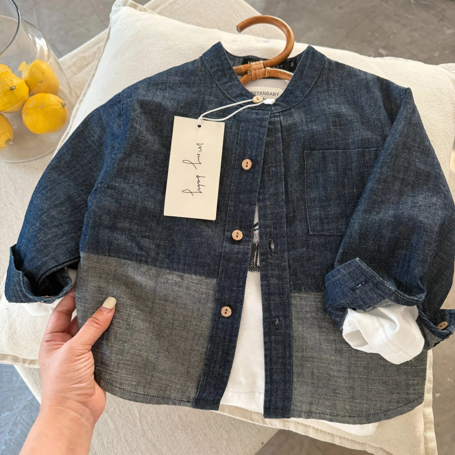 Kids Coat 2026 Spring Fall New Boys Patchwork Contrast Denim Shirt Middle Small Stand Collar Casual Top Trendy