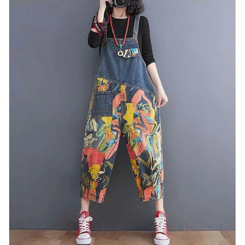 

Denim Jumpsuits for Women Korean Style Vintage Playsuits Casual Loose Trousers Oversized High Waist Overalls for Women Clothes
