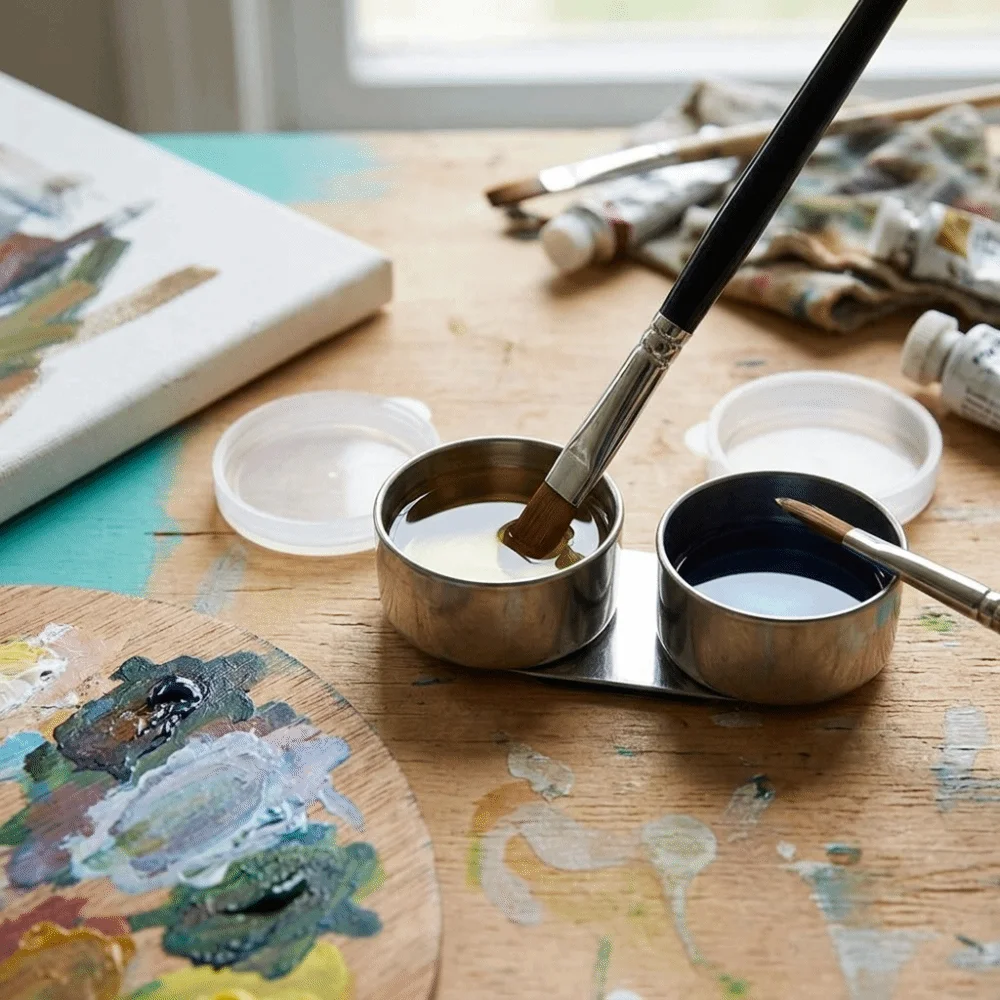 Durable Metal Oil Painting Pot Lidded Drum Shaped Brush Washer Double Hole Silver Painting Medium Cup Brush Cleaning