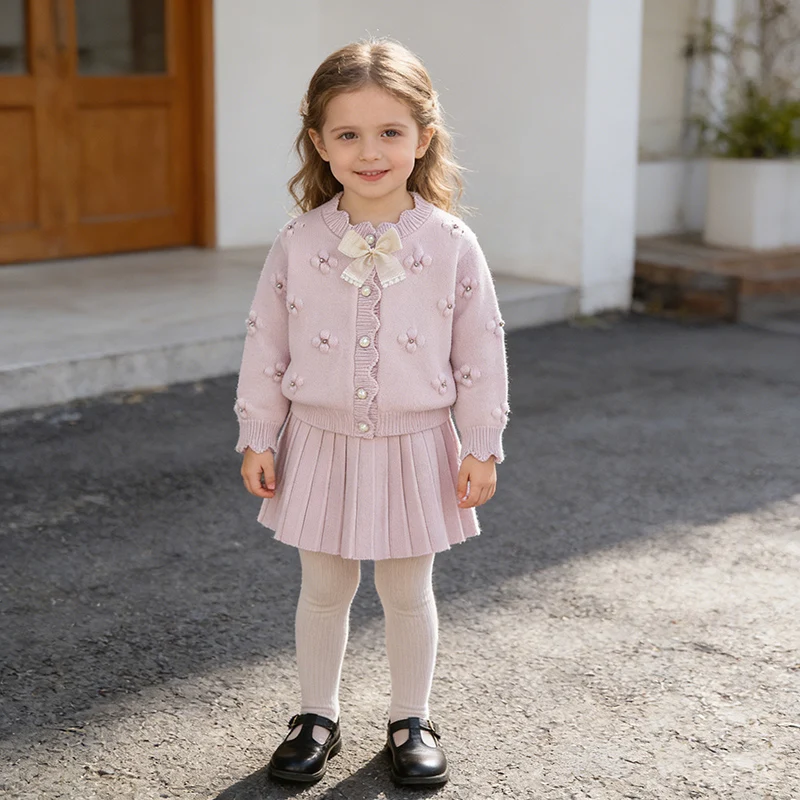 2026 New Spring 2-6Yrs Baby Girls Clothing Set Children Knitted Clothes Suit Long Sleeved Knitted Cardigan+Short Skirt