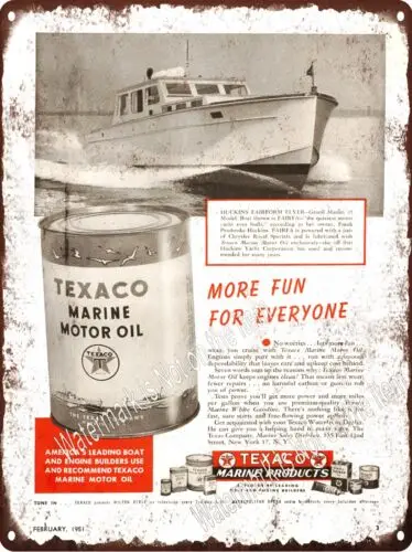 1951 Texaco Marine Motor Oil Can Quart Boat Gas Gasoline Metal Sign 9x12