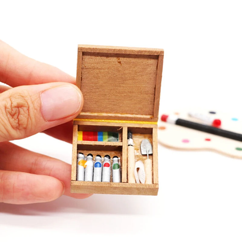 1:12 Dollhouse Miniature Artist Paint Pen Wood Box Model Toys Dolls Accessories