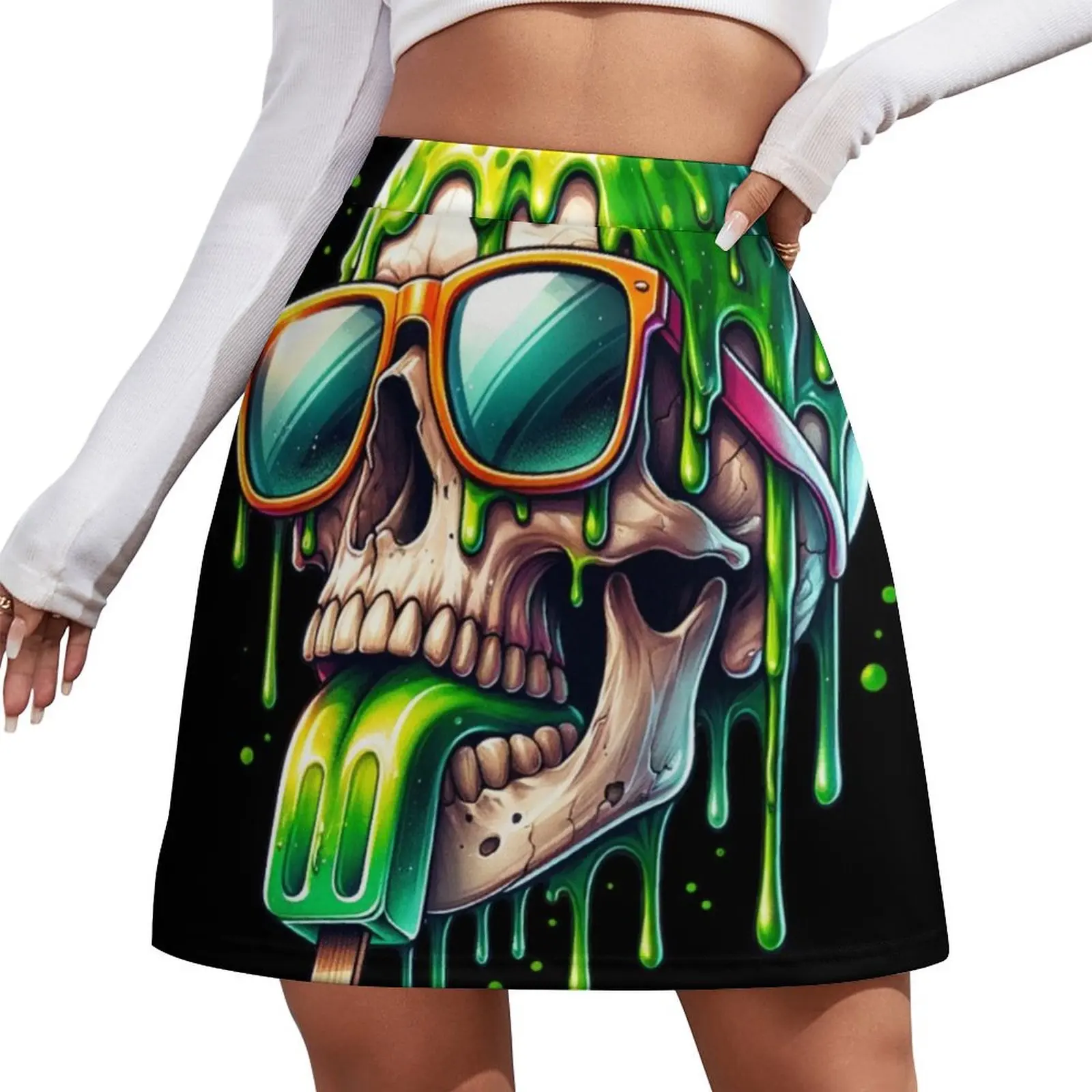 

Cool Skull Artwork Ice Cream Graffiti Streetwear Green Halloween Black Mini Skirt Korean clothing skirts for womens Woman skirts