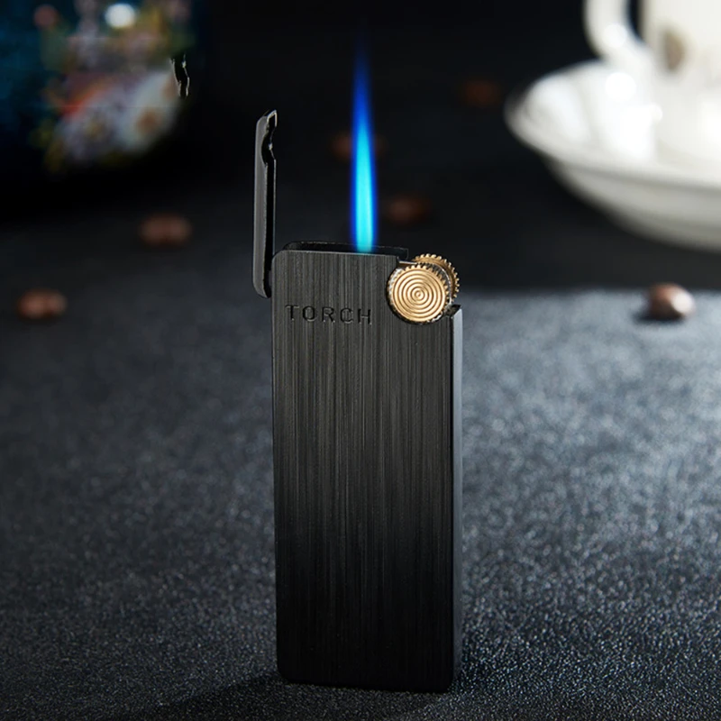 Metal Ultra-thin Portable Butane Grinding Wheel Flint Lighters Windproof Jet Turbo Torch Lighter for Smoking Gadgets for Men