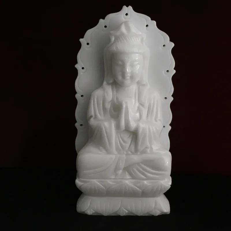 Real Jade White Jade Guanyin Buddha Statue White Jade Guanyin Bodhisattva Statue with Palms Together, Jade Buddha Ornament