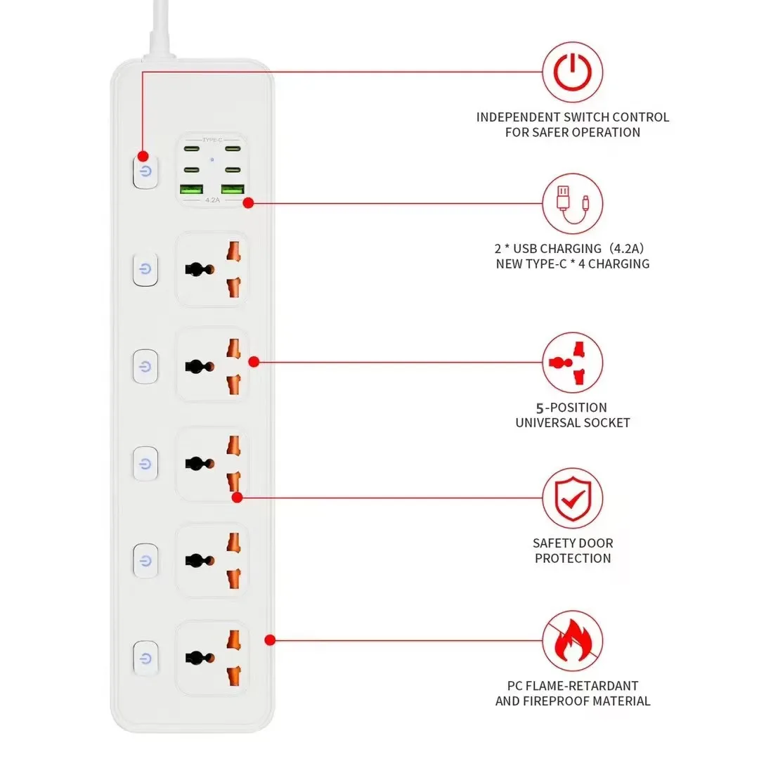 Adea USB Type-C PD Surge Protector Cord with Extension Universal Power Strip Socket - Multiple Plugs for UK EU KR US AU Israel J