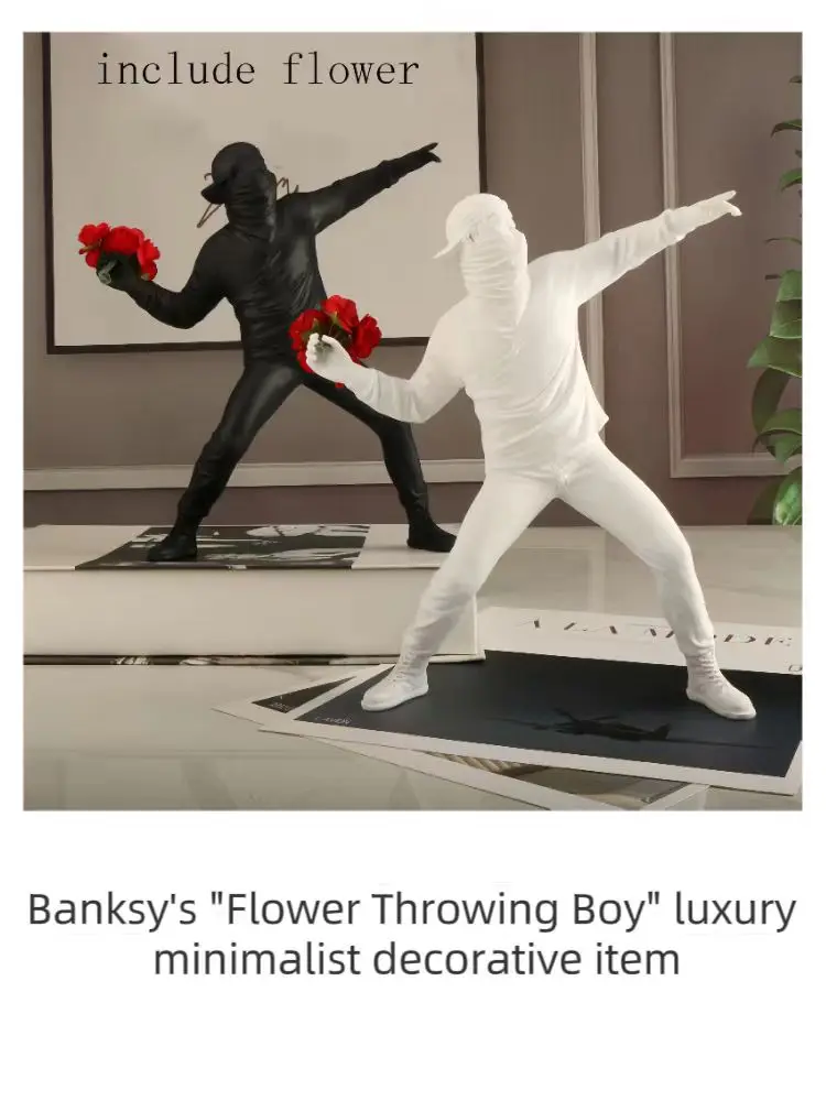 

Modern Art Resin Banksy Sculptures Flower Thrower Statue Home Desk Decoration Accessories Ornaments Collectible