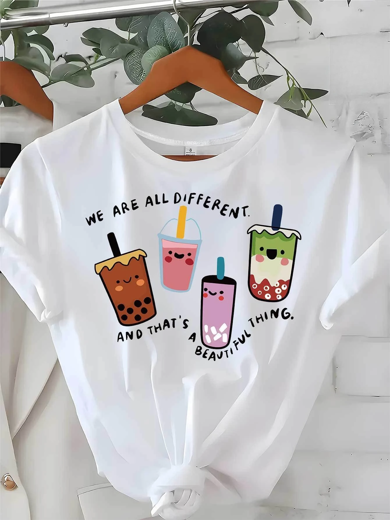 Ladies' Breathable Short Sleeve T-shirt - Cute Milk Tea Cup Pattern 