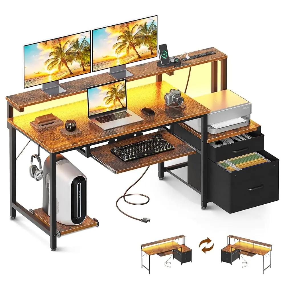 55"" Computer Desk With Fabric File Cabinet And Drawer, Reversible Office Desk With Power Outlet And Led Light, Study Desk With