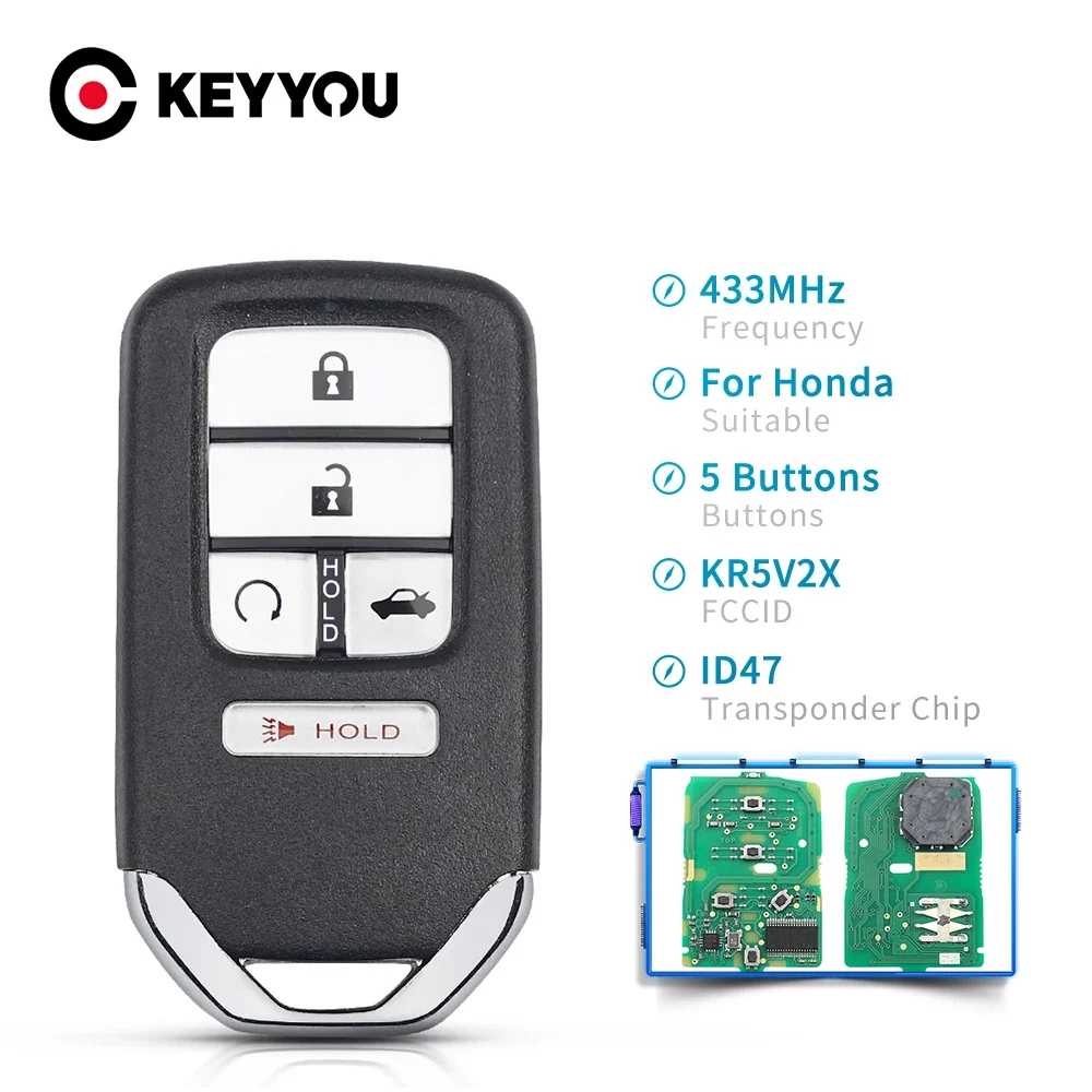 

KEYYOU For Honda 2016 2017 2018 Civic Keyless Entry Smart Remote Car Key Fob 5 4+1 Buttons Fccid KR5V2X 433Mhz ID47 Chip