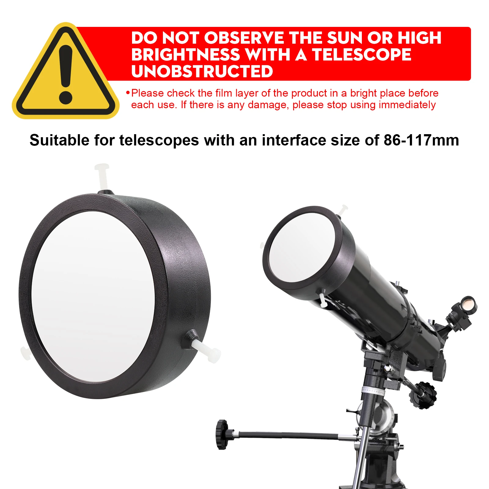 Datyson Solar Observing Filter Sheet Adjustable plastics Cap for Telescope Tubes with Outer Diameter from 86mm to 117mm Aperture
