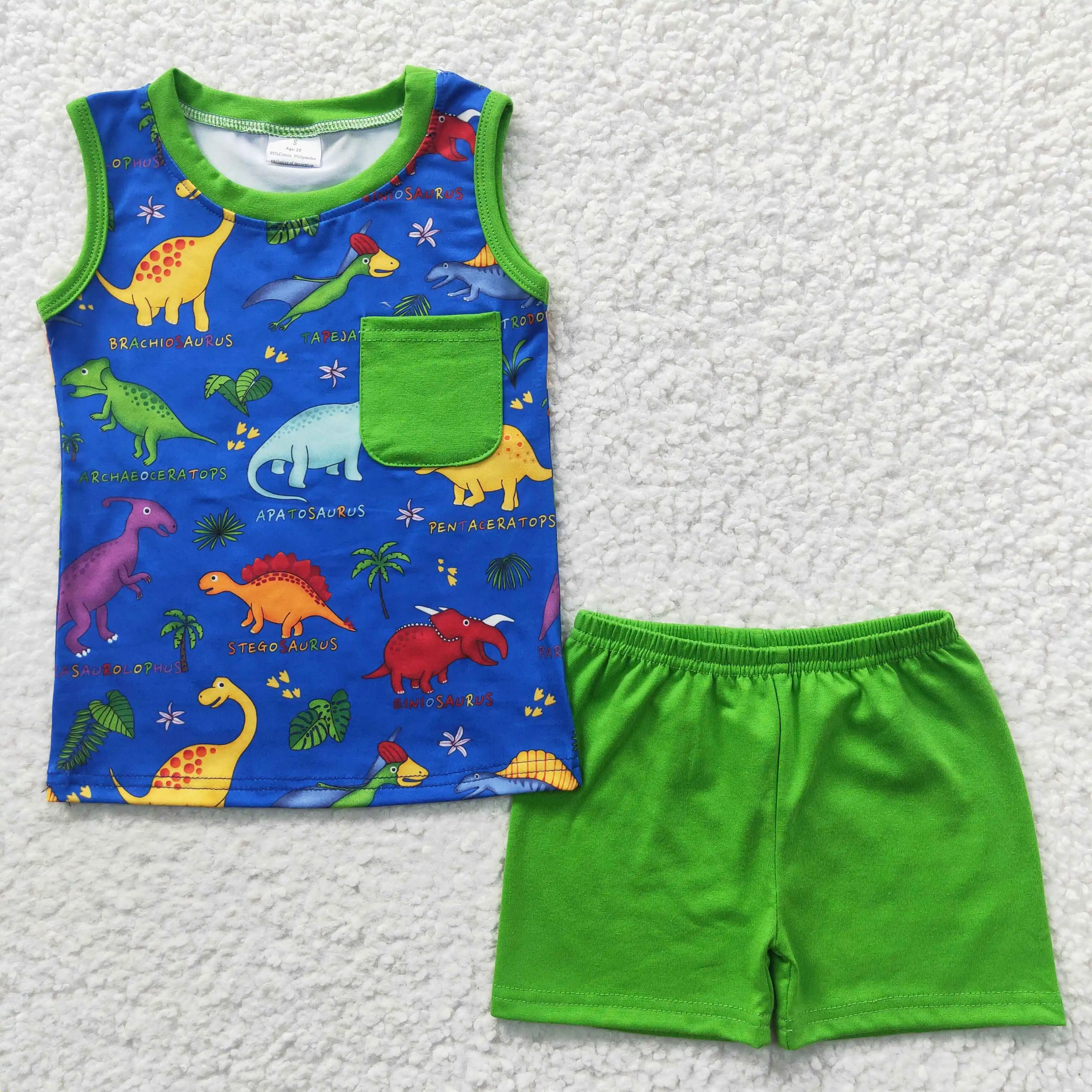 

BSSO0234 Kids Boys Clothes Sleeveless Top Dinosaur Print With Shorts 2 Pieces Children Summer Boutique Outfits