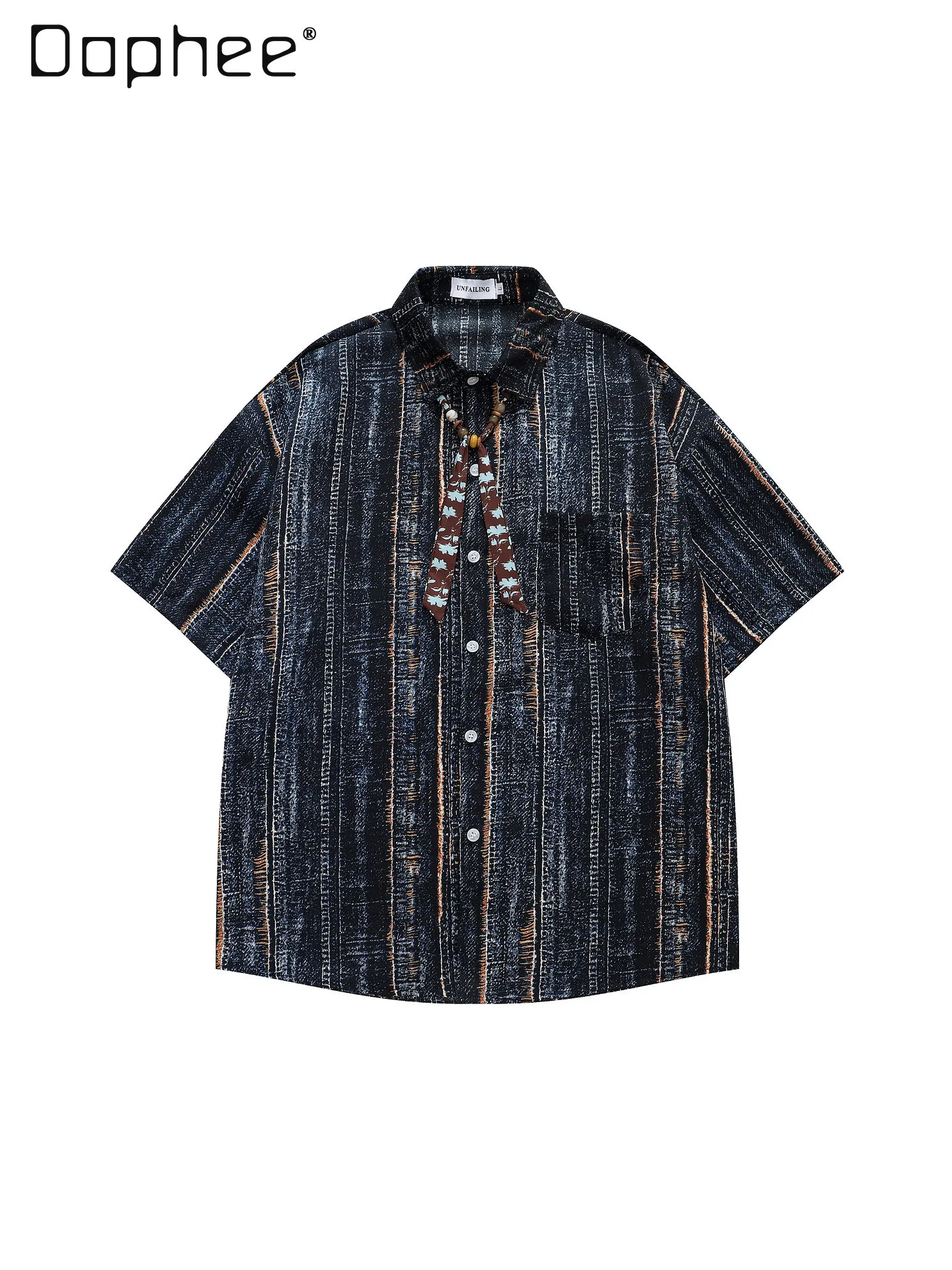 Summer Dark Wash Fake Denim Texture Vertical Line Short Sleeve Shirt Decorative Floral Ribbon Loose Oversize Streetwear Shirt
