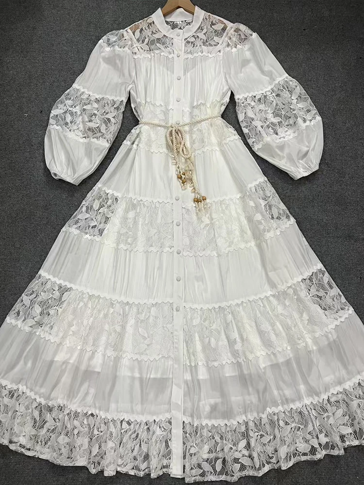 자수 컷 아웃 패치 워크 레이스 레이스 업 허리 드레스 2025 봄 여성 셔츠 드레스 패션 느슨한 다단계 퐁파두르 스커트