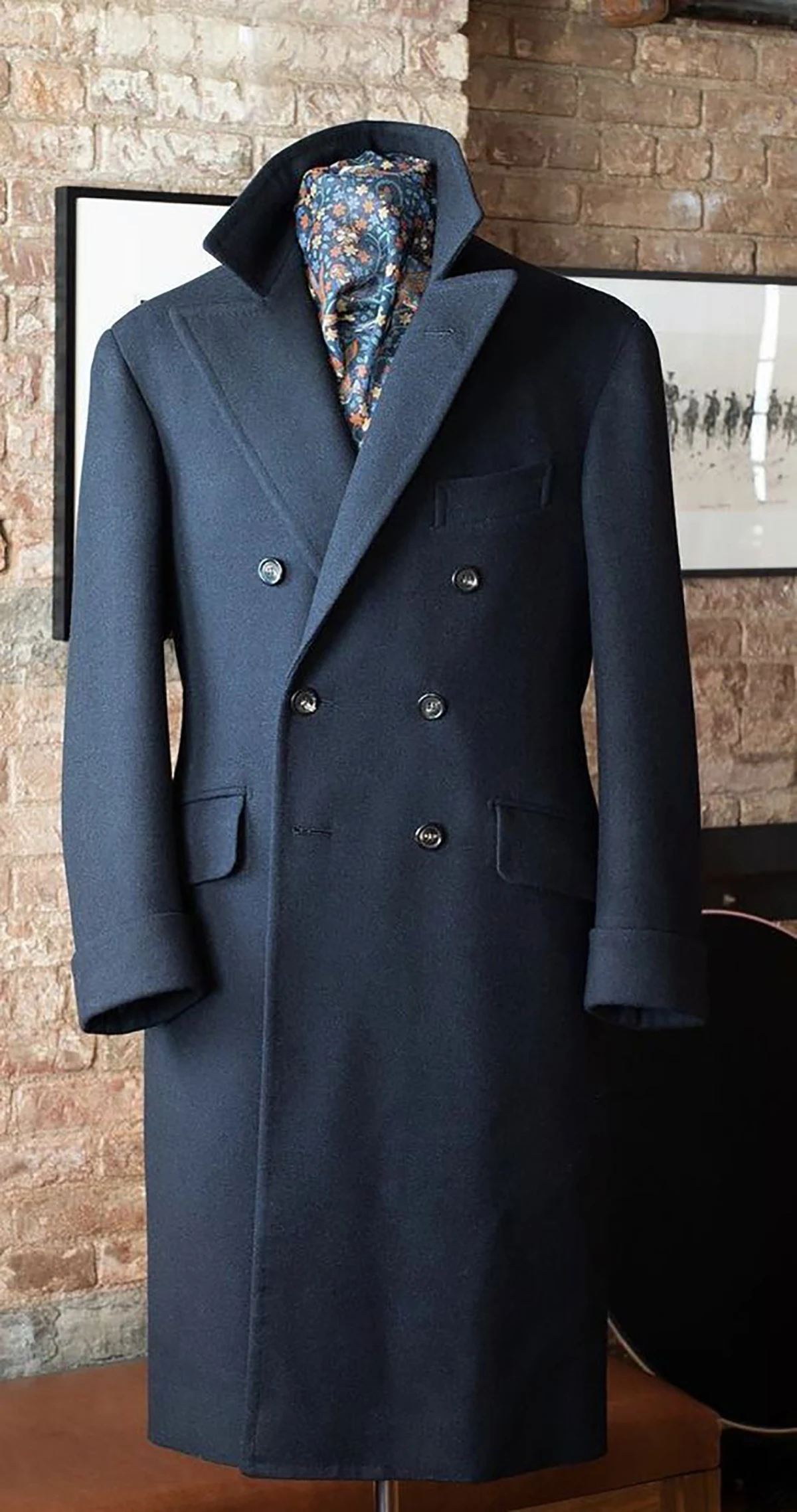 Classical Men‘s Suit Stand Collar Wool Blend Warm Coats Double Breasted OverCoat Tailored