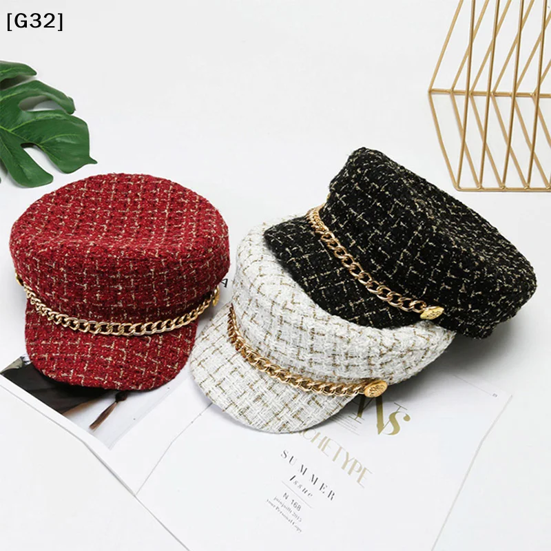 Women's Elegant Tweed Navy Hat, Chain Decorated Flat Top Newsboy Cap, Multiple Colors Available[G32]