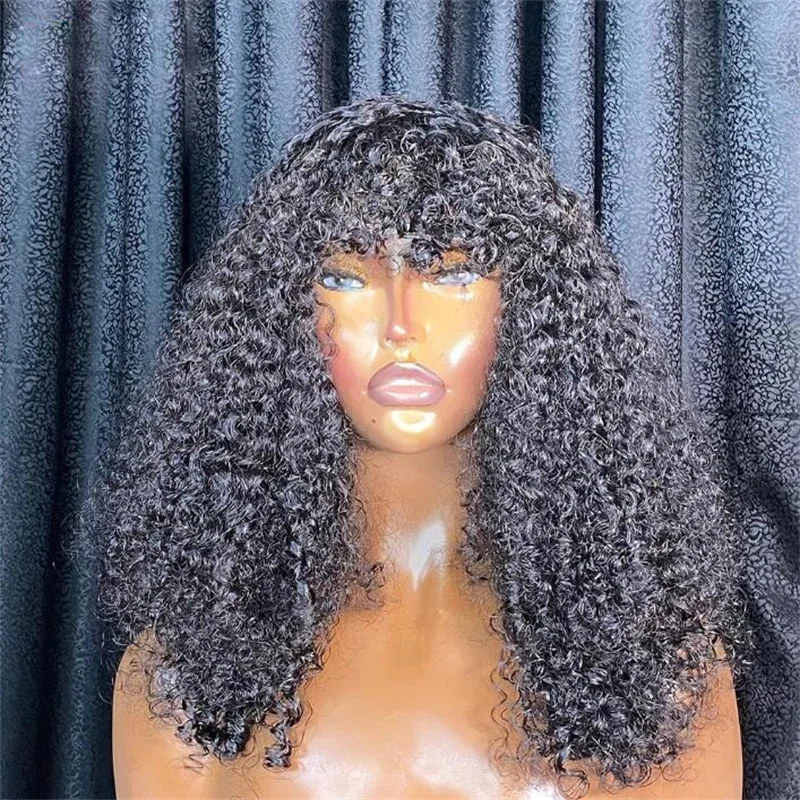 

180Density 26“ Long Natrual Black Soft Glueless Kinky Curly Machine Wig with Bangs For Women BabyHair Preplucked Heat Resistant