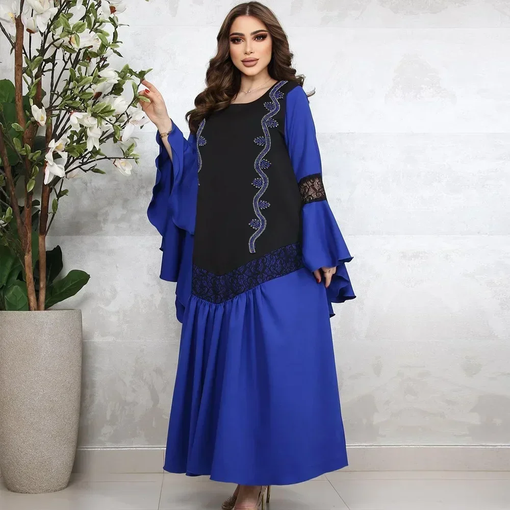 Elegant Diamonds Dress Lace Splicing Gown Muslim Long Jalabiya Woman Big Lotus Leaf Sleeves Abaya Women Square Neckline Kaftan