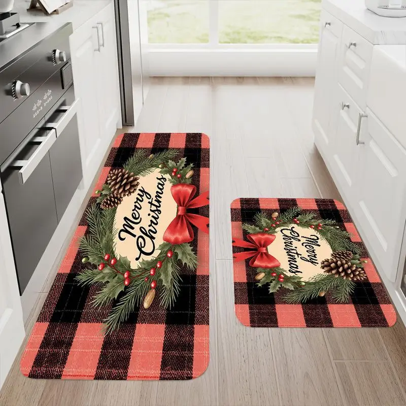 VIKAMA Christmas Happy Kitchen Floor Mat Anti-Slip and Easy-to-Clean Entrance Corridor Carpet Bedroom Floor Mat Home Decoration