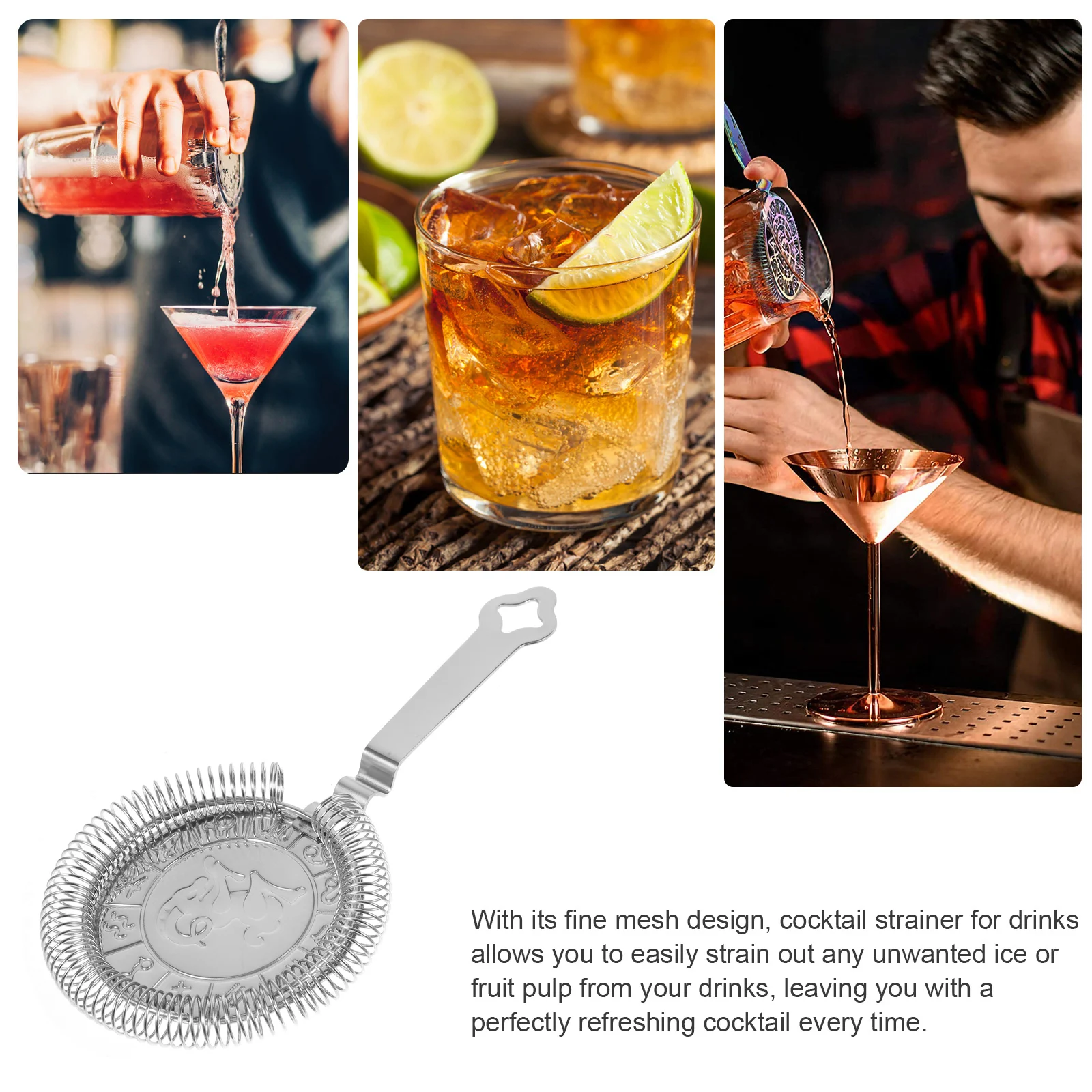 

Stainless Steel Cocktail Ergonomic Fine Mesh Metal Drink Filter For Bar Home Use Reusable Ice Cube Strainer Spoon Bartending