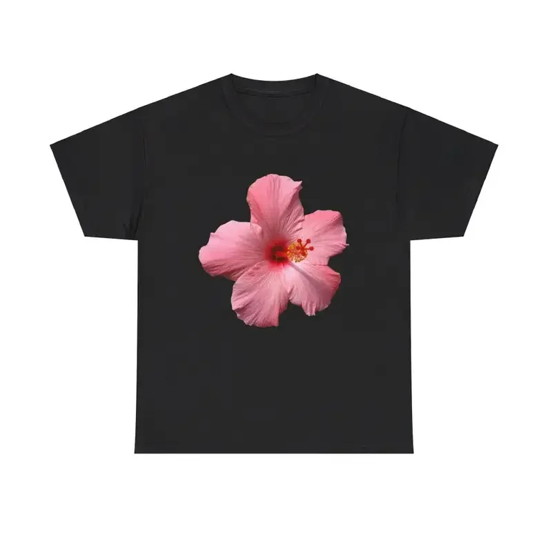 Pink Hibiscus Print Graphic Tees Y2k Clothes 2000s Men Women Round Neck Short Sleeve Polyester Loose Boxy Casual T Shirt