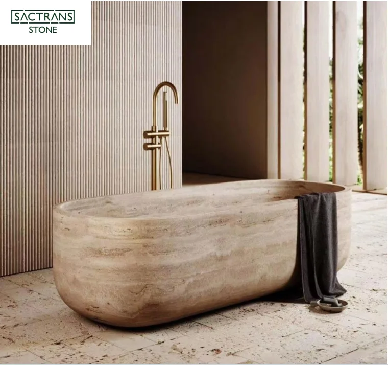 Luxury Stone Baths,Hot-selling Customizable Modern Oval Beige Travertine Bathtub Natural Stone Waterproof Outdoor Indoor Use For