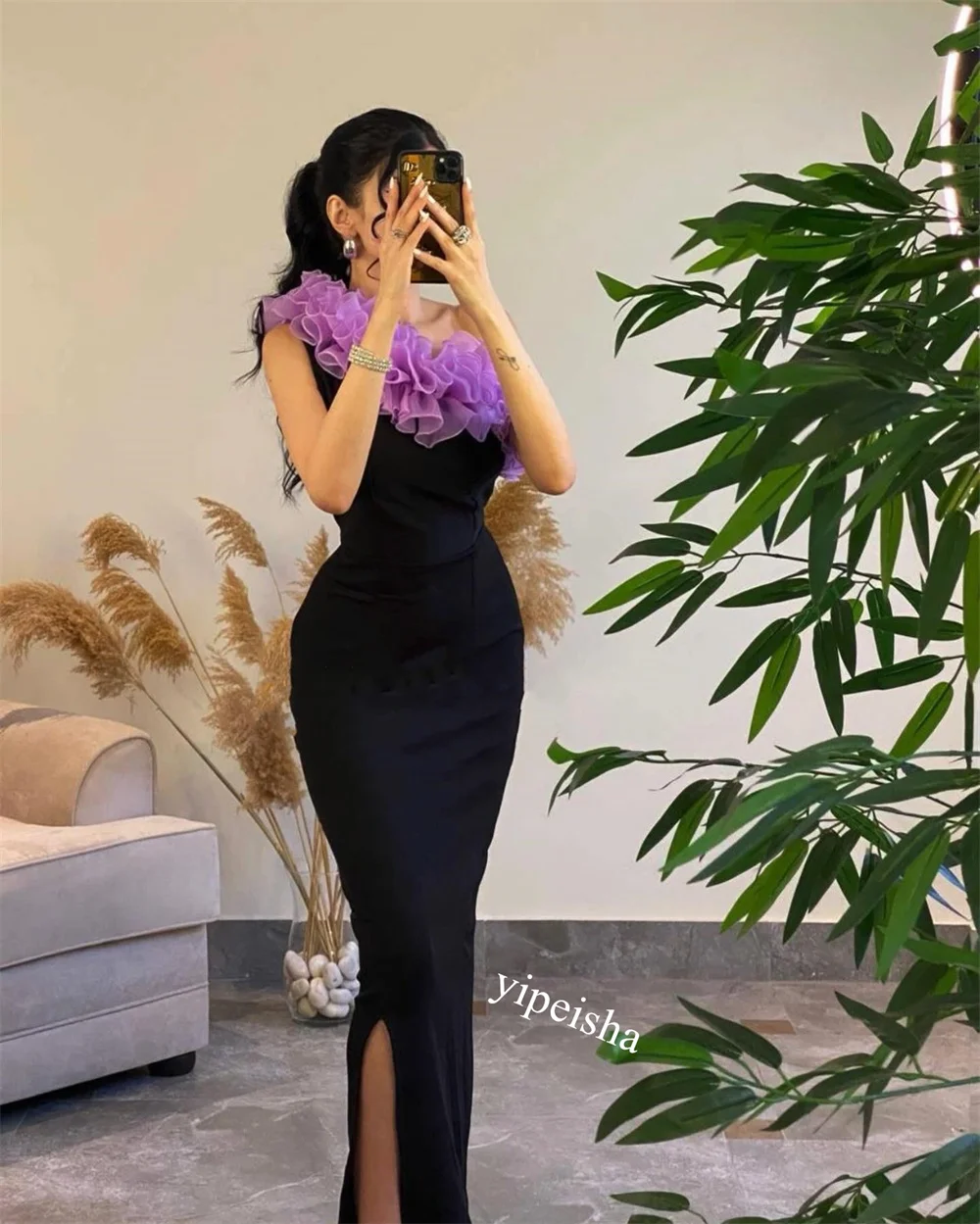 Customized    Saudi Arabia Jersey Ruffles Cocktail Party Sheath One-shoulder Bespoke Occasion Gown Midi es