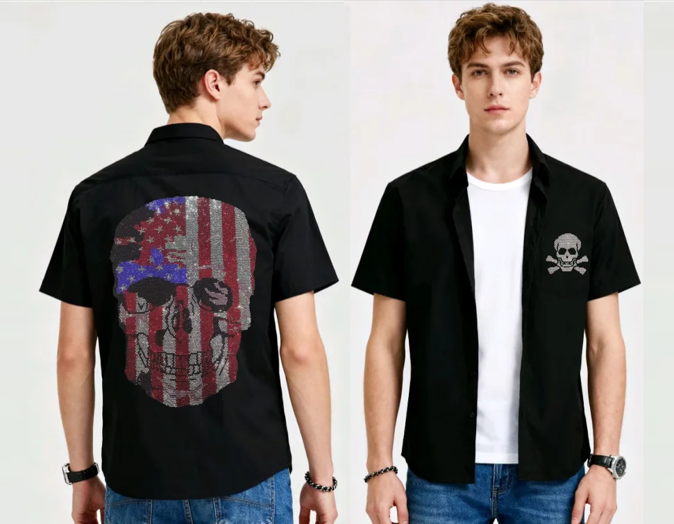 

Мужская модная рубашка с коротким рукавом с рисунком черепа, украшенная красочными стразами, современная облегающая рубашка, подходит для летних рубашек